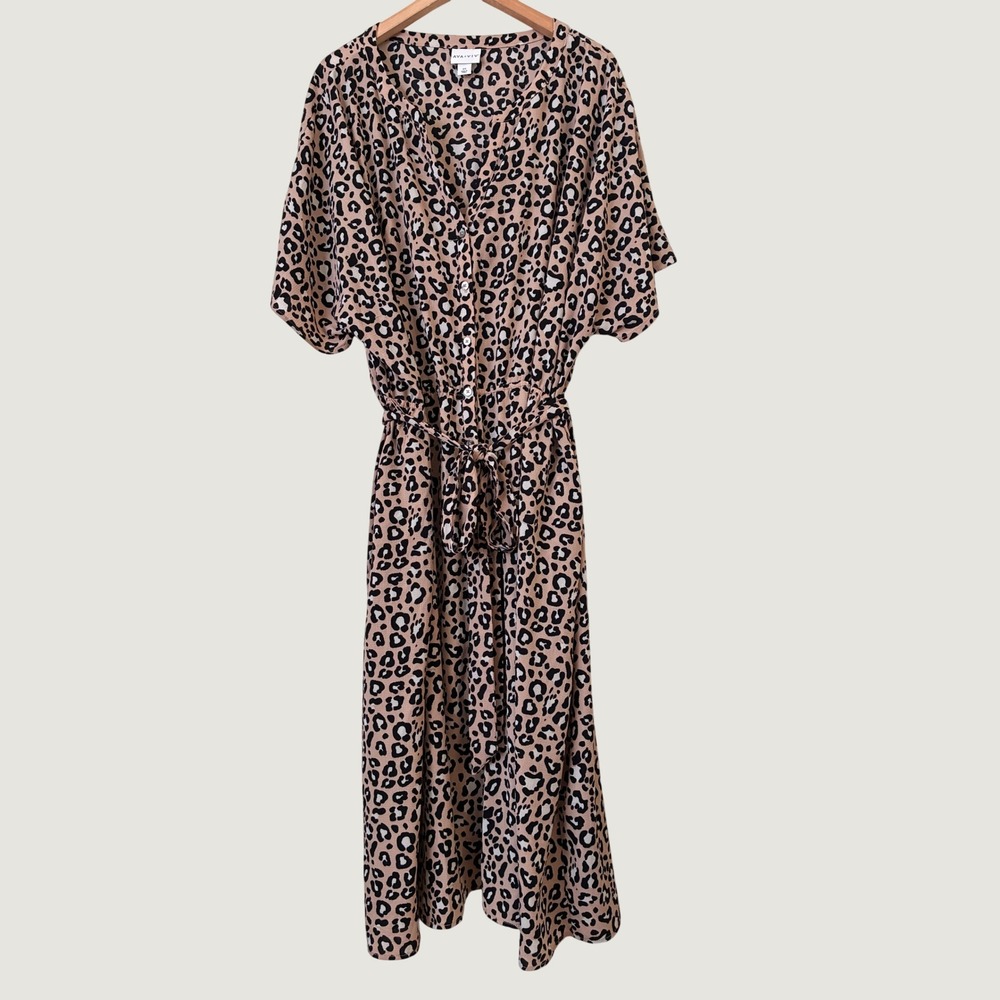 Ava & Viv Women Fall 4X Leopard Print Button Front Midi Shirt Dress Belted Boho
